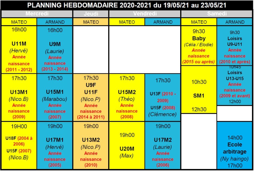 Planning entrainement BCCL 19-22/05/2021 et suivants sur terrains extérieurs version du 20/05/2021